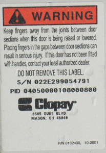 What a Clopay PID or Serial Number sticker looks like.