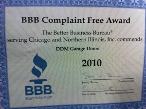 An image of the BBB 2010 Complaint Free Award that DDM Garage Doors received.