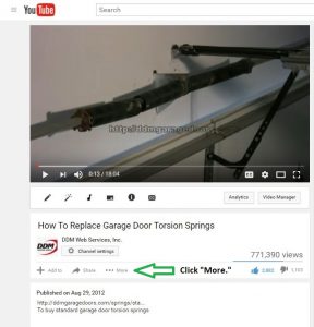 A green arrow pointing to "more" on DDM Garage Doors YouTube page.