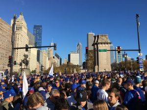 Chicago city streets filled with fans celebrating the World Series win.