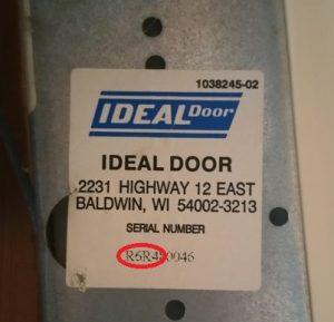 An Ideal door sticker showing the model number R6R4 located as part of the serial number.
