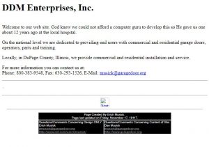 An image of the original DDM Garage Doors website that was posted in 1997, twenty years ago.