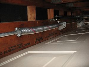 The torsion spring assembly on a Hormann garage door.