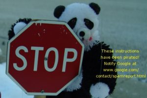 An image of a panda bear with a STOP sign with a warning message that the information has been pirated. 