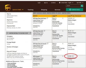 A screen print of the UPS website showing charges for shipping a box that is exactly 96 inches in length.