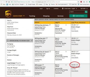 A screen print of the UPS website showing charges for shipping a box that is 97 inches in length.