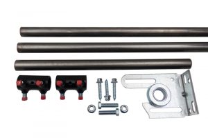 A hollow 11 gauge shaft kit for a 16-foot wide garage door. Shows couplers, spring anchor bracket kit, two 1" OD shafts, and one center connecting shaft that is 16" long.