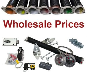 A variety of garage door parts are shown with the caption "Wholesale Prices." 