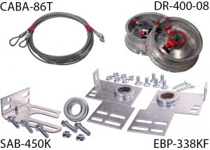 An image of garage door parts in clockwise order starting from top left: assembled 1/8 inch cable, 4-inch cable drums, 3 3/8 inch end bearing plates, and spring anchor bracket.