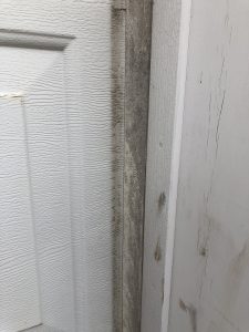 An image of a weather seal along the side of a white garage door.