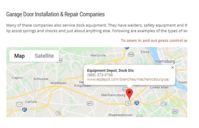 A map showing one of DDM Garage Doors recommended repair companies, Equipment Depot.