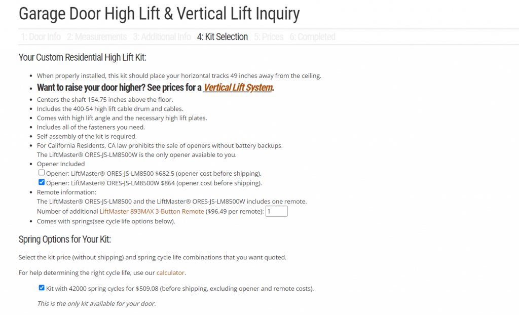 Updated kit selection page showing the total cost of the high lift kit