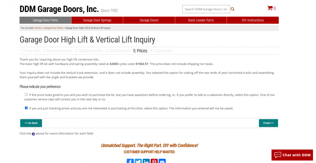 The updated High Lift and Vertical Lift Inquiry page listing the price and options:
"If the price looks good to you and you wish to purchase the kit, but you have questions before ordering, or, if you prefer to talk to a salesman directly, select this option. One of our customer service reps will contact you in the next day or so."
"If you are just checking prices and you are not interested in purchasing at this time, select this option. The information you entered will not be saved."