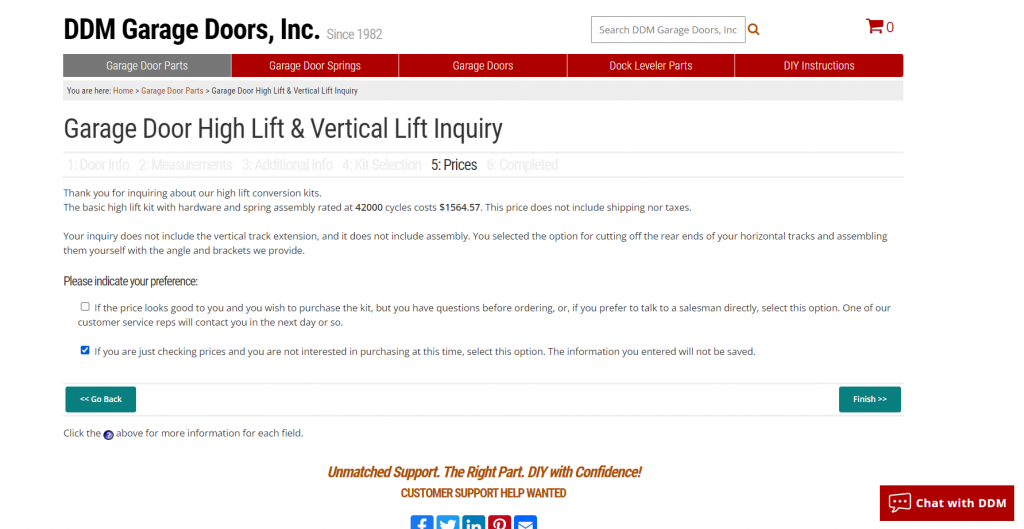 The updated High Lift and Vertical Lift Inquiry page listing the cost and options:
"If the price looks good to you and you wish to purchase the kit, but you have questions before ordering, or, if you prefer to talk to a salesman directly, select this option. One of our customer service reps will contact you in the next day or so."
"If you are just checking prices and you are not interested in purchasing at this time, select this option. The information you entered will not be saved."